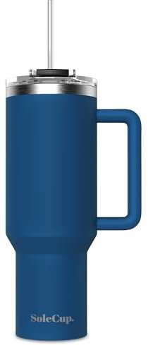 SoleCup. 40oz Travel Mug with Handle, Lid and Two Straws, Drinks Stay Hot for 8 Hours, Cold for 24 Hours, Double Wall Vacuum Insulated Stainless Steel Tumbler… (Navy Blue, 40oz)