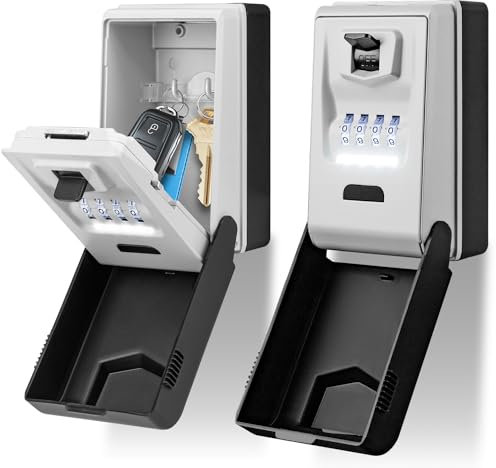 Boîte à clés pour l'extérieur avec cadrans lumineux – Robuste et étanche – Boîte de rangement murale pour clés de maison – Code réinitialisable sûr de sécurité extérieur grande capacité