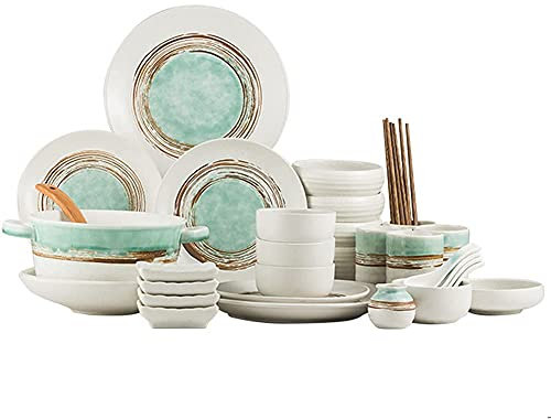 Klassische 34-teilige Geschirrsets, kreatives grünes Porzellangeschirrset mit Tellern, Schüsseln und Tassen, Keramik-Geschirrset für die Küche und das Esszimmer zu Hause, Mikrowelle und Spülmaschine