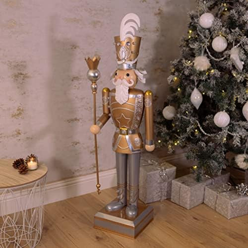 Marco Paul 120cm Gold Nutcracker Soldier Statue with LED Lights - Battery Operated Hand-Painted Christmas Decor - Metal InLit Indoor Nutcracker Ornaments for Christmas Decorations