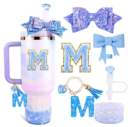 Lingdeer Blue Cup Accessories Set for Stanley 30OZ & 40OZ Tumbler with Handle, Letter Charms, Bow & Diamond Straw Covers, Glitter Silicone Boot, Personalized Sticker for Stanley Cup Accessories (M)