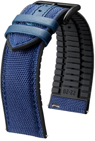 BINLUN Bracelets de Montre en Nylon Silicone Dégagement Rapide Bracelet Montre Remplacement Hybride Toile Caoutchouc Pour Hommes Femmes 9 Couleurs (Bleu Foncé/Boucle Noir,22mm)