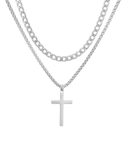AFSTALR Kreuz Kette Herren Kreuzkette Edelstahl Layered Kreuz Kette Kubanische Kette mit Kreuz Kastenkette Halskette, Kreuz Schmuck Geschenke für Männer Silber 22/24 Zoll
