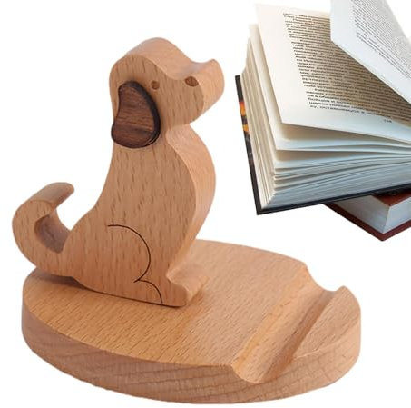Wooden Cell Phone Stand, Mobile Phone Holder For Desk, Cute Dog Design, Adjustable, Compatible with Smartphones & Tablets