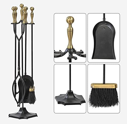 Kaminwerkzeug 5-teiliges Heim-Kaminwerkzeug-Set, 78,9 cm, Schmiedeeisen, Feuerstelle, Ofen, Schornstein-Werkzeug-Set, Herd-Feuer-Set, Werkzeugset, Kaminzubehör, antiker Stil, Goldschwarz