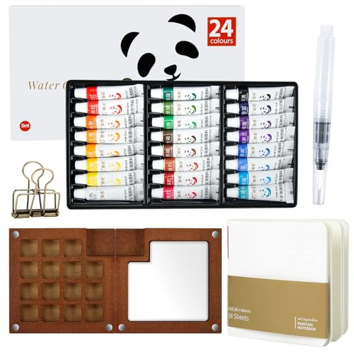 Kit d'aquarelle de Voyage pour Artiste de Poche Comprenant Un Livre de Dessin, Un Stylo, de la Peinture et des Pinces, Palette légère et Portable pour Peinture à l'huile (24 couleurs)
