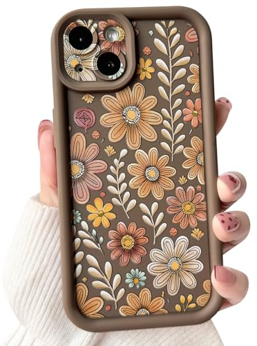 Lovmooful for iPhone 15 Plus Case Cute Color Flower Floral-Brown | Compatible for iPhone 15 Plus Case,Aesthetic Leaf Design,for Girls Women,Soft TPU,Shockproof,More Protective,Girly
