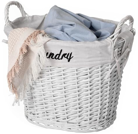 Wickerwise Handwoven Laundry Basket with Liner & Handles - Boho Decorative Storage Hamper for Clothes Blankets Pillows and Towels - Ideal for Laundry Room Bathroom Bedroom and Living Room, White