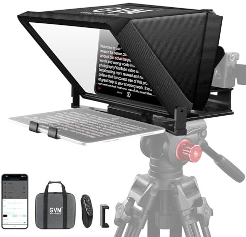 GVM 12 Teleprompter mit Fernbedienung und App, zusammenklappbarer Teleprompter für Pad, Tablet, Telefon, DSLR Kamera, Prompter mit Tragetasche, reflektierendes HD Display, für Videoaufnahmen/Vlogger