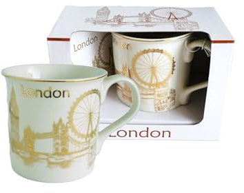London Souvenir Coffee Mug & Coaster Set – Gold Skyline Design, Iconic Landmarks Tower Bridge, London Eye, Big Ben | White Ceramic Tea & Coffee Cup Gift Boxed
