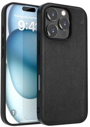 X-level für iPhone 16 Pro Max Leder Hülle, Wildleder zurück Flexible TPU Rahmen Anti-Rutsch stoßfest Abdeckung, Soft-Touch Retro Farben Leder Handyhülle kompatibel mit iPhone 16 Pro Max, schwarz