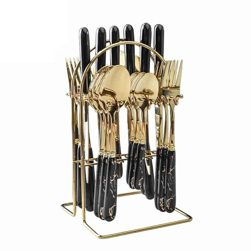 Nikou Juego de cucharas de tenedor de acero inoxidable, kit de cubiertos gruesos pulido con espejo para reuniones en el hogar y restaurante, dorado y negro, juego de cubiertos de cocina