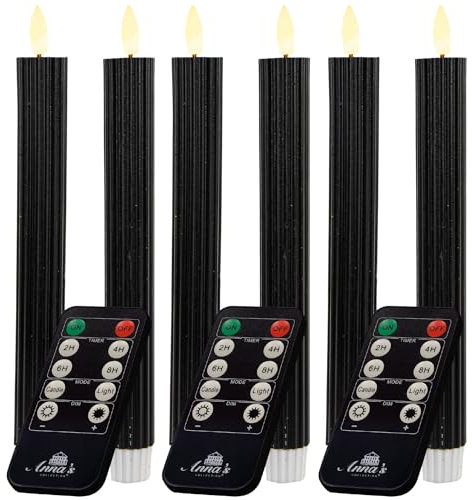 Novaliv Stabkerzen LED mit Timer SCHWARZ 6 Stück Indoor 6 Stunden ECHTWACHS gerippt 23cm Höhe für Kerzen 2,2cm Durchmesser 2 AAA Batterien notwendig LED Stabkerzen 2er Set SCHWARZ (Zwei Mal)