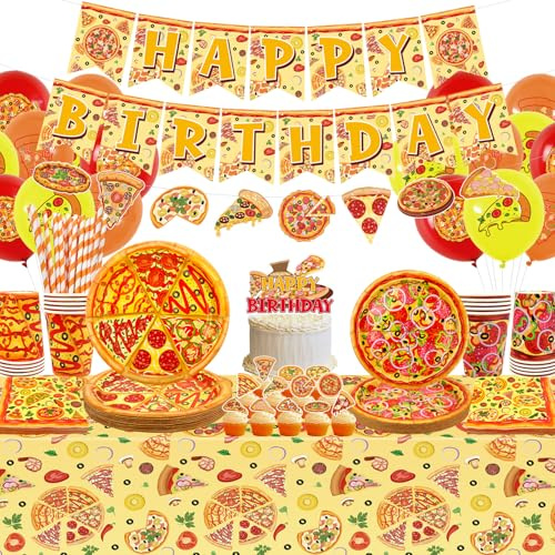 Decorazioni di compleanno per pizza, decorazioni per feste di pizza, piatti, tazze, tovaglioli, tovaglia, striscione di buon compleanno, palloncini per torte, per bambini, baby shower, picnic, 20