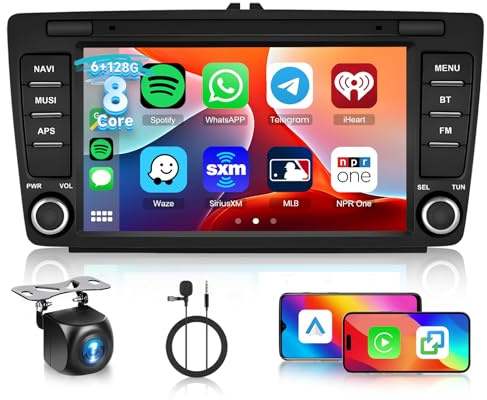 Hodozzy 6G+128G 8-Core-Autoradio für Skoda Octavia 2 MK2 Rapid Yeti Roomster Superb Spaceback Android Radio mit Bluetooth Navi, 8-Zoll-Touchscreen mit Carplay Android Auto, WiFi DSP FM RDS+ Kamera