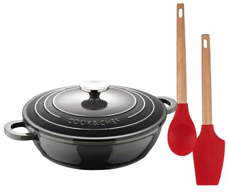 EXCALIBUR Niedriger Kochtopf-Set Ø24 cm mit Deckel aus Aluminiumguss + 2 Küchenutensilien (Kochlöffel, Pfannenwender) aus Silikon und Holzgriff Bergner