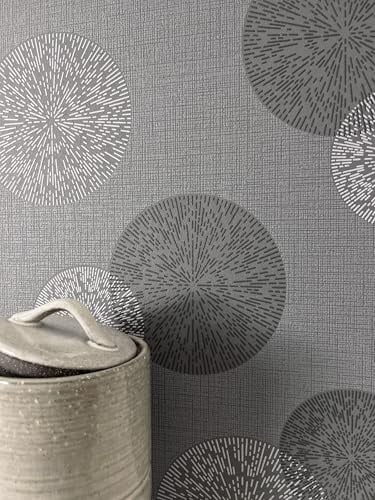 Newroom Vliestapete Silber Kreise Retro Mustertapete Wohnzimmer | Metallischer Schimmer, feine Leinenstruktur, Sonnenmotive grafisch glamourös, Loft-Stil, Vlies-Wandtapete Flur Büro