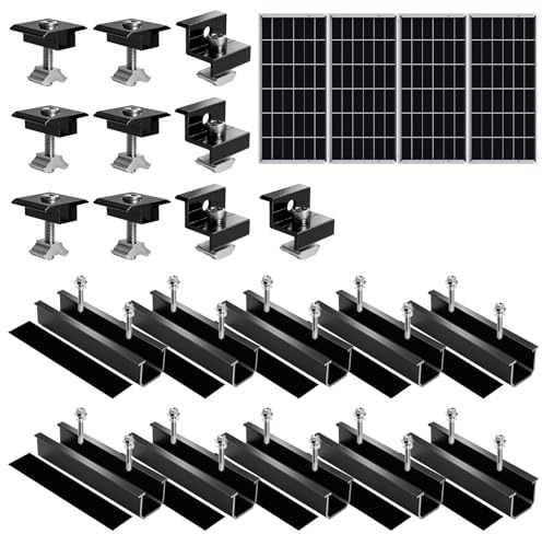 Solarmodul Halterung für 4 Module, PV Montageset mit 12 cm Alu Schiene, Mittelklemme & Endklemme für 30–35 mm Module, Solarpanel Halterung für Flachdach, Trapezblech & Blechdach