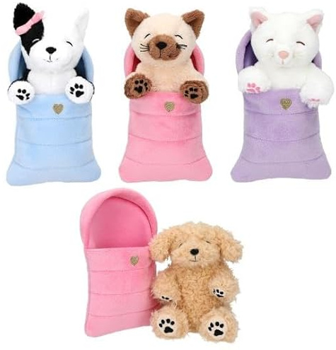Depesche TOPModel Plüsch Hunde und Katzen im Schlafsack, Kuscheltier-Set, Verschiedene Designs, 1 Stück Lieferumfang