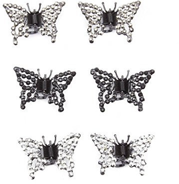 Mytoptrendz® 6 Pcs Small Hair Claw Clamp Clip Black Metal Pewter Silver Crystal Studded Butterfly Jaw Grip Girls Ladies Hair Accessory