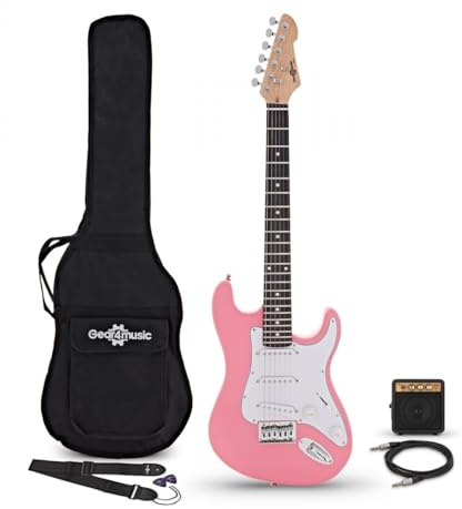 3/4 LA Electric Guitar Pink, Mini Guitar Amp Pack | For Younger Players, Player-Friendly Comfortable Design, Portable Mini Amp with Headphone Output, Gig Bag Included