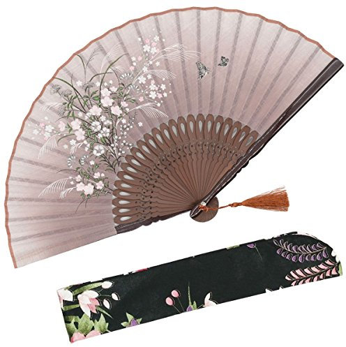 OMyTea - 'Grassflower', Faltbarer Handfächer für Frauen. Japanischer/Chinesischer Retrostil. Mit Schutzbeutel aus Stoff. braun