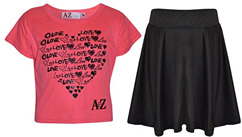 A2Z 4 Kids Girls Love T Shirt Skirt Set Soft Feel - New Crop Top Love Skirt N. Pink 11-12