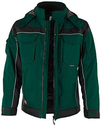 Qualitex PRO Winter-Arbeitsjacke warm gefüttert mit Kapuze (5XL, Grün/Schwarz) winddicht, wasserabweisend, atmungsaktiv, mit verlängertem Rücken, Winterjacke