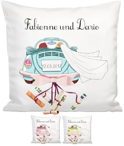 Personalisierbares Kissen als Geldgeschenk Hochzeit | Originelle Hochzeitsgeschenke für das Brautpaar | 40x40cm Hochzeitskissen mit Füllung | Motiv mit klassischem Hochzeitsauto