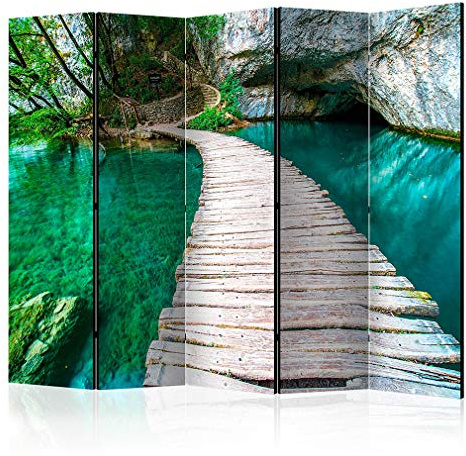 decomonkey Paravent Raumteiler Innen Brücke, 225x172 cm, 5-teilig, Wald | Einseitig, See, Wohnzimmer, Room Divider, Wall, Raumteiler Stehend, Trennwand, Sichtschutz, Spanische Wand, Sichtschutzwand