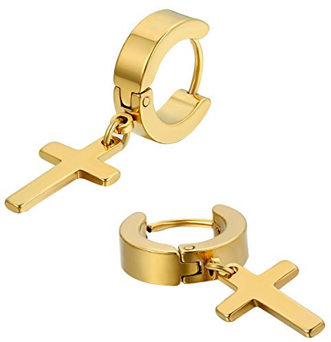 JewelryWe Schmuck Creolen Kreuz, Edelstahl Klassisches Kruzifix Ohrringe Ohrstecker Ohrhänger Ohr-Piercing für Herren Damen, Gold