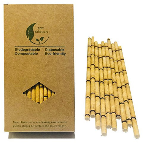 Lot de 100 Pailles en Papier Bambou Jaune pour Anniversaire, Mariage, Noël, Célébration et Fête, Paille Bambou écologique, Jetables & 100% Biodégradables