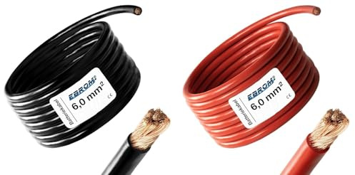 EBROM Batteriekabel ROT (+) SCHWARZ (-) Paar, 6 mm2, Wahl: 3 Meter 6 mm² | Ab 1 m bis 50 m, PLUSKABEL und MASSEKABEL als Kombi 2,5 / 4 / 6 / 10 / 16 / 25 / 35 / 50 oder 70 mm² wählbar 99,9% OFC Kupfer