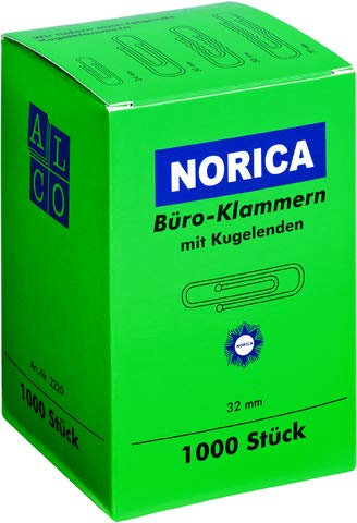 NORICA Büroklammer, rund, Metall, glanzverzinkt, Länge: 32 mm (1.000 Stück), Sie erhalten 1 Packung á 1000 Stück