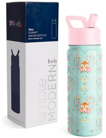 SIMPLE MODERN Trinkflasche für Kinder mit Trinkhalm | Isolierter wiederverwendbarer Edelstahlbecher für Jungen und Mädchen Schule | Summit Sammlung | 530ml | Fox and the Flower