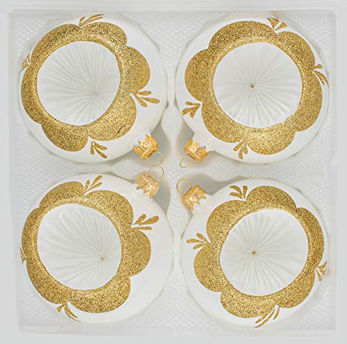 4 TLG. Glas-Weihnachtskugeln Set 12cm Ø in 'Vintage Classic Weiss Gold' - Christbaumkugeln - Weihnachtsschmuck-Christbaumschmuck 12cm Durchmesser