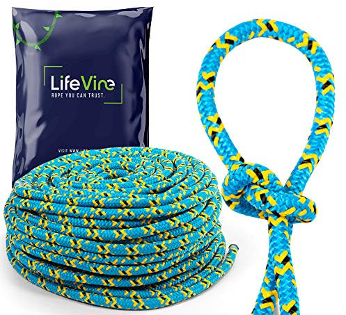 Arborist Tree Climbing Rope, Bull Rope, Tree Rope, 16 Strand, 1/2 Inch Diameter, 150 Foot, Double Braided, Blue, Black, & Yellow