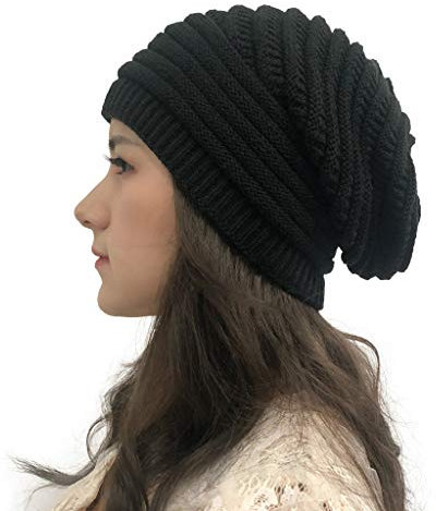 Lazzboy Mütze Damen Wintermütze Frauen Herbst Winter Outdoor Solid Splice Hüte Häkeln Strick Holey Beanie Cap Strickmütze Warme Mit Fleece Innenfutter Unisex Mehrweg (Schwarz)