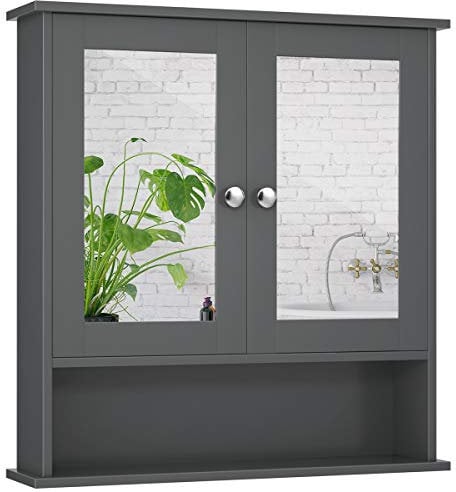 COSTWAY Spiegelschrank Badezimmer, Badschrank mit Spiegel, Badezimmerschrank mit höhenverstellbarer Ablage, Badezimmerspiegel, Hängeschrank Badmöbel, Badezimmerspiegelschrank 58,5x56,5x13,5cm (Grau)