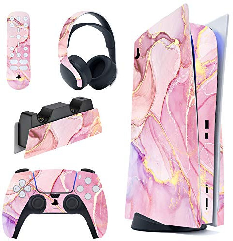 PlayVital Adesivo Skin per ps5 Console Disco Edizione&Controller&Telecomando&Cuffie&Base di Ricarica Sticker Decal Vinile Cover-Effetto Marmo Rosa Oro Cosmico