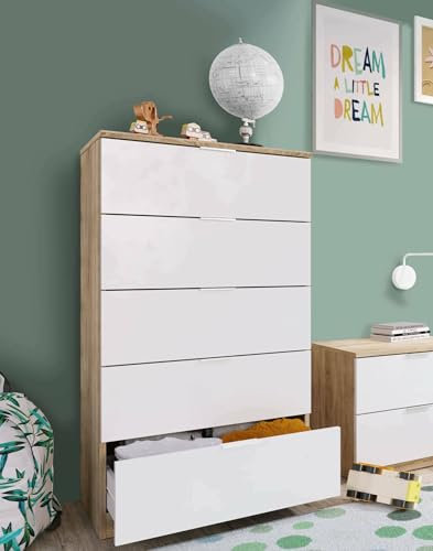 Dmora - Commode Mesquite, commode à 5 tiroirs, commode pour la chambre, commode moderne, 60x40h110 cm, chêne et blanc
