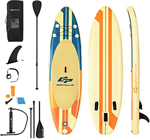 RELAX4LIFE Tabla de Surf de Remo con Correa de Seguridad, Bomba, Mochila y Kit de Reparación y 3 Aletas, Tabla Hinchable con Pala Ajustable 160-210CM para Adultos Unisex (335x76x15CM, Amarillo)