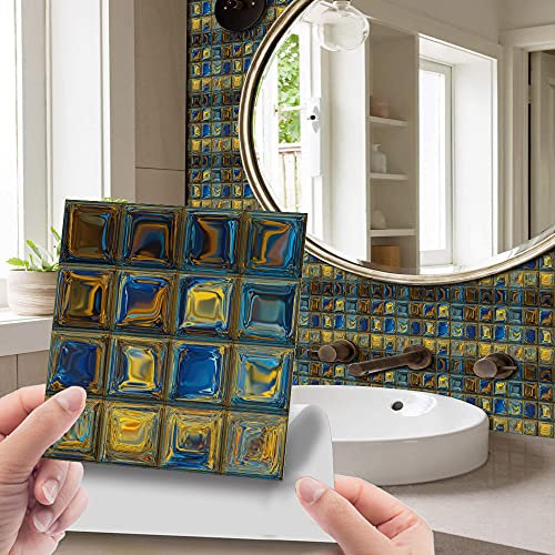 30pcs Wall Tile Stickers, Hiser Retro Mosaic Style Square Waterproof Marble Decals Sticker for Kitchen Living Room Bathroom Home Floor DIY Decor Self-Adhesive 10x10cm (Yellow blue)