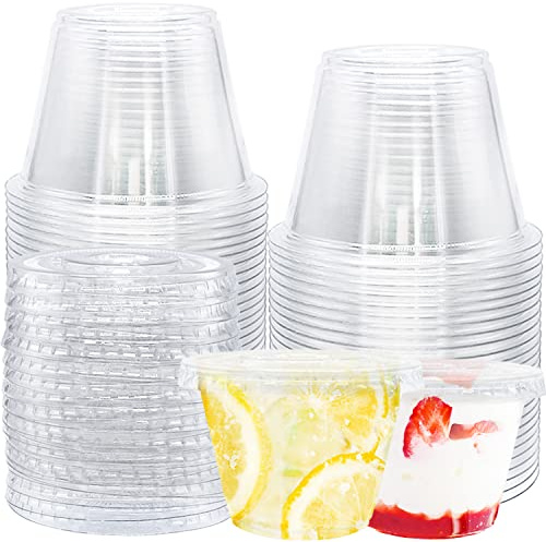 Paquete de 50 vasos transparentes con tapas, vasos desechables de plástico de 6 onzas con tapas planas (sin agujero), vasos de fiesta de postres de PET para batidos, helados, frutas, aperitivos