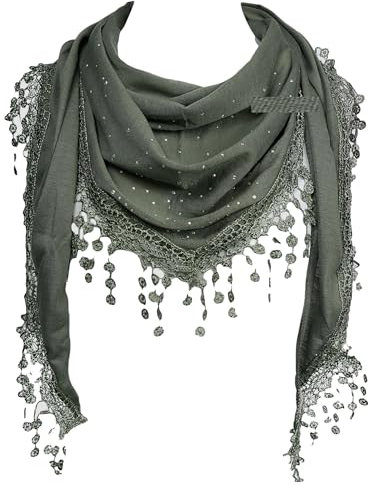 GFM® Dreieckstuch mit Strasssteinen, Spitze und Quasten, TRI-15-light olivgrün- (Tri-15-hljtn)