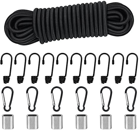10M Elastic Cord, 5/16 Thick Shock Cord Heavy Duty 32Ft Elasticated Shock Cord Black Bungee Cords with Hooks and Carabiner for Caravan Cargo Craft Rack (8mm x 10M, Black)