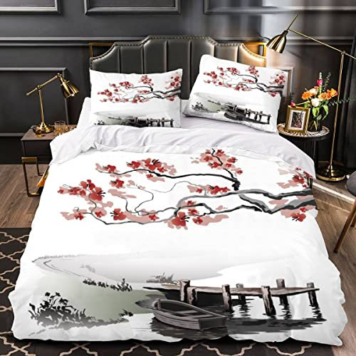 Woowin Housse De Couette Fleurs De Cerisier 140x200 Enfant Ado Fille 3D Vue sur Le Lac Parure de Lit 1 Personne Microfibre 3 pièces Housse De Couette avec Fermeture Éclair+2 Taies d'oreiller 50x75cm