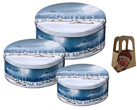 Geschenkset Keksdose Plätzchendose Metalldose 3er Set Winternacht Weihnachten mit süßer Rentier Mini-Geschenktasche