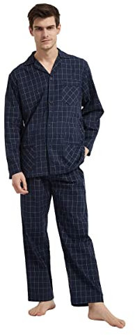 GLOBAL Pigiama Uomo 100% Cotone Lungo con Bottoni Pantaloni e Maniche Lunghe Set Due Pezzi Abbigliamento da Notte Plaid Blu Norvegese L