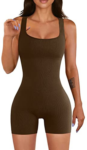 JOJJJOJ Damen Yoga Kurz Ärmellos Stretch Tank Top Jumpsuits Workout Sport Romper Outfits (Kaffee,S)